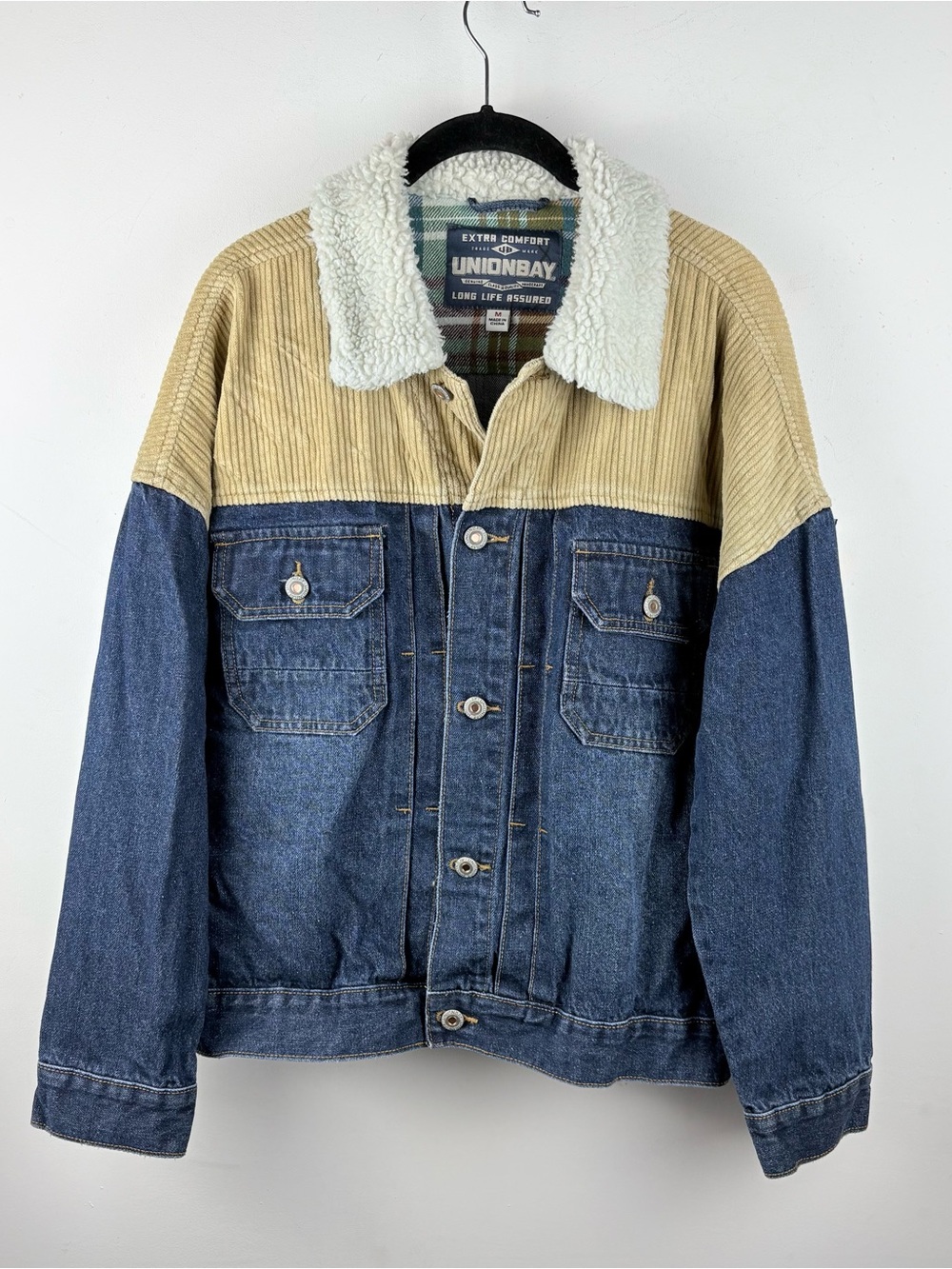 Vintage UNIONBAY Mens Colorblock Trucker Denim Jean Jacket Tan Corduroy Sherpa M